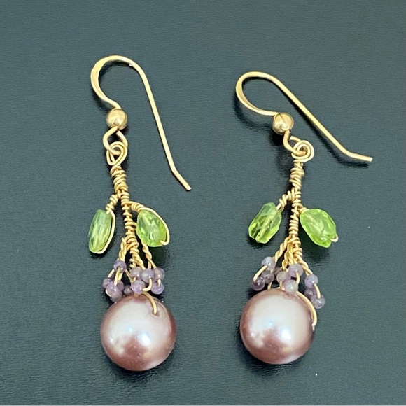 Handmade 14/20 GF Gold-filled Faux Pearl Wire Wrap Beaded Drop Earrings 4g - Picture 3 of 12